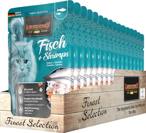 Leonardo Frischebeutel 16x85g Fisch Shrimps Getreidefreies Nassfutter für Katzen Feuchtfutter Alleinfutter im Einzelportionsbeutel
