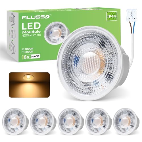 ALUSSO LIGHTING LED Modul Ultra Flach 50x24mm für Einbaustrahler 5W 400lm 230V Warmweiß 3000K Nicht Dimmbar Ersetzt GU10 MR16 Leuchtmittel IP44 Wasserdicht 6er