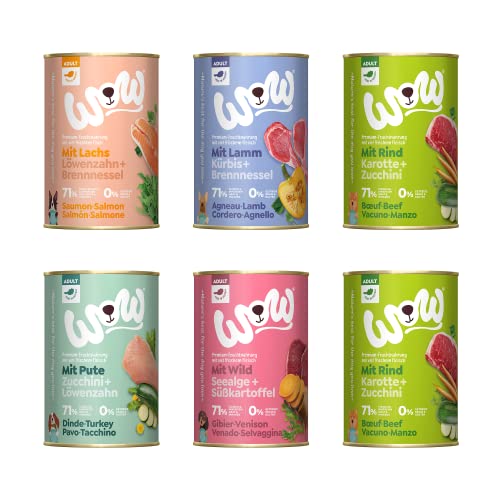 Wow Hundefutter nass Adult Mixpaket 6 Sorten x400g I reichhaltiges Nassfutter für ausgewachsene Hunde aller Rassen beste Qualität mit viel Fleisch ohne Zucker getreidefrei hohe Verträglichkeit