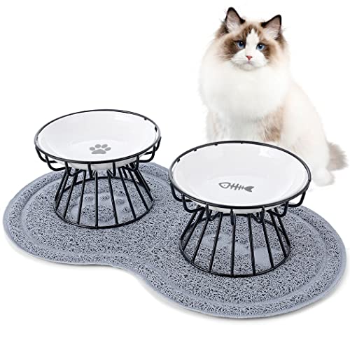 Dorakitten 2 Stück erhöhte Katzennäpfe mit Rutschfester Matte Anti-Erbrechen-Katzenfutterteller mit Metallständer schützt die Wirbelsäule der Katze Keramik-Katzengeschirr Tierfutter-Futterstation