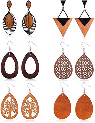 LOLIAS 6 Paar Holz Ohrhänger Ohrringe für Damen Frauen Afrikanische Ohrringe Naturholz Träne Baumelnde Creolen Ethnische Aussage Leichtes Dreieck Anhänger Blatt Ohrringe Set