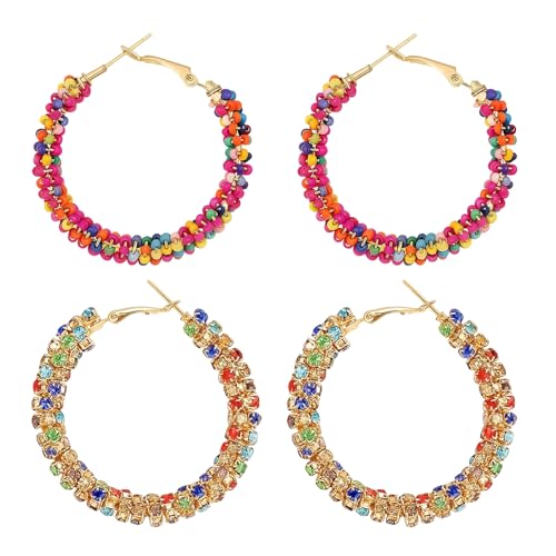 2 Paar Böhmische bunte Perlen Ohrringe Creolen Bun Böhmische Ohrbügel Earring Frau Modische Perlen Earring Bunt Hoop Anhänger Ohrring Harz Runder Kreis Ohrringe Hoop Dangle Ohrstecker für Mädchen