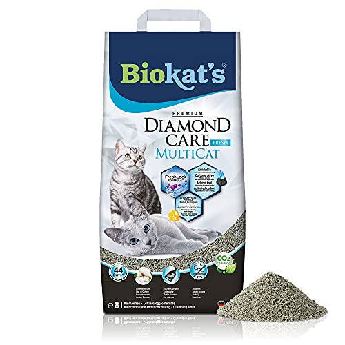 Biokat s Diamond Care MultiCat Fresh Katzenstreu mit Duft - Feine Klumpstreu aus Bentonit mit Aktivkohle speziell für Mehrkatzen-Haushalte - 1 Sack 1 x 8 L