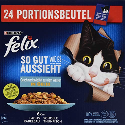 FELIX Katzennassfutter So gut wie es aussieht in Gelee Geschmacksvielfalt aus dem Wasser 1er Pack 24 x 85g Portionsbeutel