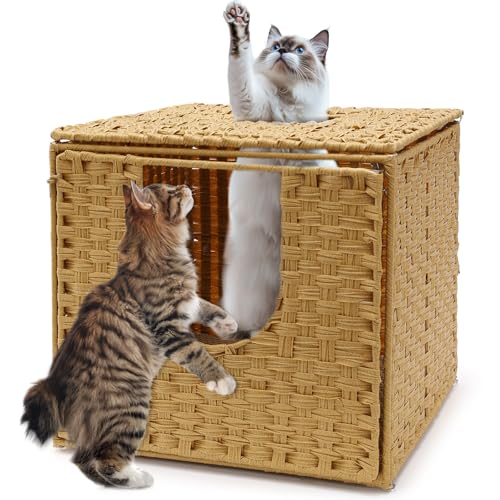 GHWMYD Katzenschrank Katzentoilette Handgewebte Versteckte Katzentoilettenmöbel Katzenhaus mit Tür und separater Trennwand Katzenhöhle 50 x 52 x 46 cm