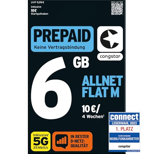 congstar Prepaid ALLNET M SIM-Karte ohne Vertrag I Allrounder Prepaid-Paket in D-Netz-Qualität I 5 GB LTE mit 25 Mbit s 10 Startguthaben I Telefonie SMS Flat in alle dt. Netze I EU-Roaming inkl.
