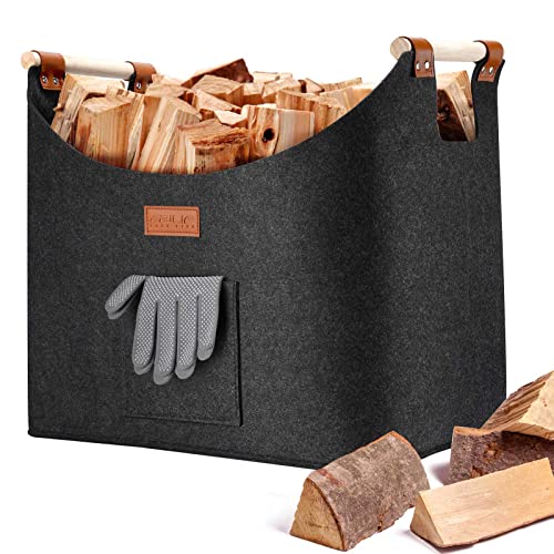 Ezilif Kaminholzkorb Faltbar Holzkorb für Kaminholz Groß Filztasche aus Extradickem Filz Filzkorb für Feuer Kamin Brennholz Kaminholztasche als Einkaufskorb Einkaufstasche 45 x 32 x 40 cm Grau