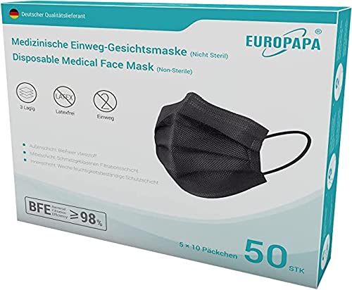 EUROPAPA Schwarz Medizinisch Type IIR Norm EN 14683 zertifizierte CE Mundschutzmasken OP Masken 3-lagig Mundschutz Gesichtsmaske Einwegmaske mund und nasenschutz 100 Stück