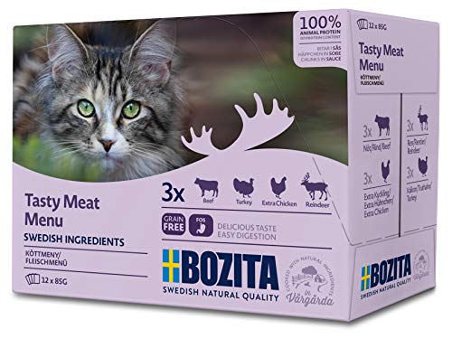 BOZITA Multibox Mixpack Rind Pute viel Huhn Rentier - Häppchen in Soße 12x85g Pouch Portionsbeutel - getreidefreies Nassfutter für erwachsene Katzen