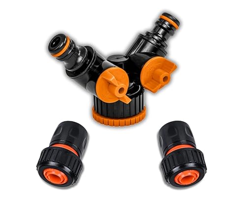 ABAZO Universal Verteiler 2-Wege-Splitter Adapter Wasserhahn Gartenschlauch - Wasserhahn Schlauchadapter - Wasserhahn mit Schnellverbinder Gartenhahnanschluss 3 4 und 1 1 2 Schnellanschlüsse