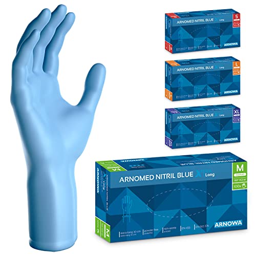 ARNOMED Einweghandschuhe Blau Extra Lang 30cm Lange Einmalhandschuhe in M Nitrilhandschuhe Einweg Extra Dick 100 Stk Box Gummihandschuhe Lang Einweg Nitrilhandschuhe Langer Schaft in S M L XL