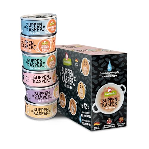 GranataPet Suppenkasper Multipack 6 Sorten 12x 70g Snacks für Leckerchen für extra Flüssigkeitszufuhr Suppe gegen den kleinen Hunger Katzenfutter und Zuckerzusätze