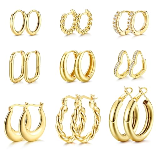 FIOROYAL 9 Paare Ohrringe Vergoldete Creolen Ohrringe Set für Damen Hypoallergen Twist Herz Ohrringe Goldene Ohrringe Damen Chunky Ohrringe Creolen Gold Groß