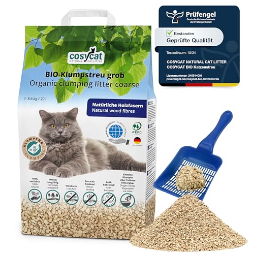 COSYCAT Klumpendes Bio-Katzenstreu aus Holz 100% Natürlich GROB - 20 l - in der Toilette entsorgbar Klumpstreu pflanzlich - Holzstreu