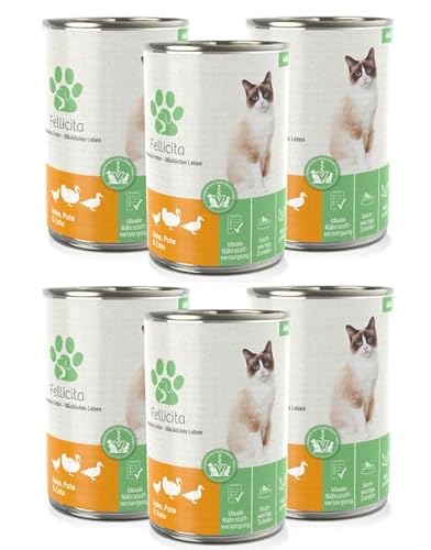 Fellicita Premium Nassfutter für Katzen Huhn Pute Ente 6er Pack 6 x 400g Multiprotein hochwertiges Katzennassfutter getreidefrei leckere Pastete Alleinfuttermittel