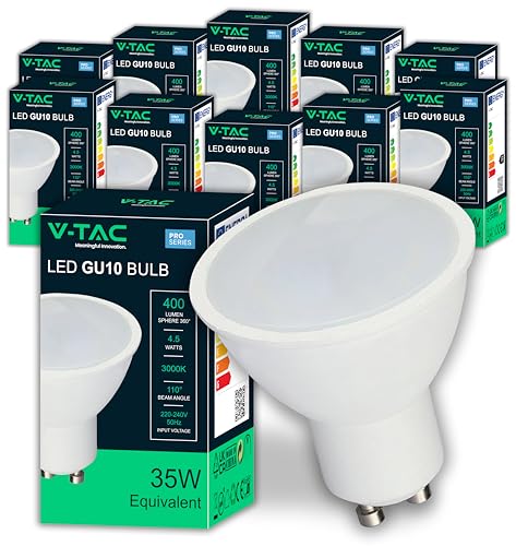 V-TAC 10x LED Glühbirne GU10-4 5W entspricht 35W - 400 Lumen - Maximale Effizienz und Energieeinsparung - GU10 Spot LED Glühlampen - 10er Pack - Licht 3000K Warmweiß