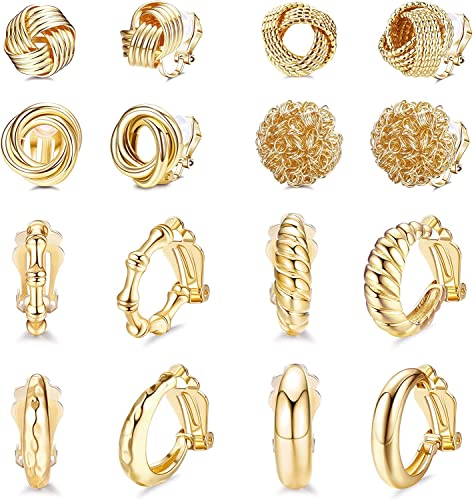 LOLIAS 8 Paar 14K Gold Clip Ohrringe für Damen Ohrclips Baumelnde klobige Creolen Keine Piercings Gefälschte Ohrringe Verdrehte Huggie Creolen für Mädchen Geschenk