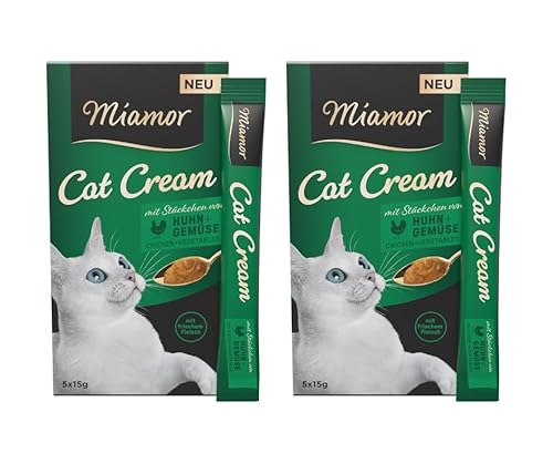 Miamor Cat Cream mit Stückchen von Huhn Gemüse leckerer Snack für Katzen mit frischem Fleisch und Gemüsestückchen zart im Geschmack Doppelpack 2 Tafeln zu je 5x15g