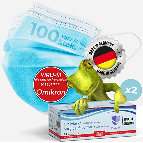kela 100x OP Maske VIRU-fil 100% MADE IN GERMANY 3-lagig Medizinisch Chirurgische Masken Einwegmaske Atemschutzmaske Gesichtsmaske CE zertifiziert EN 14683 Typ IIR Mundschutz BFE 99 88%