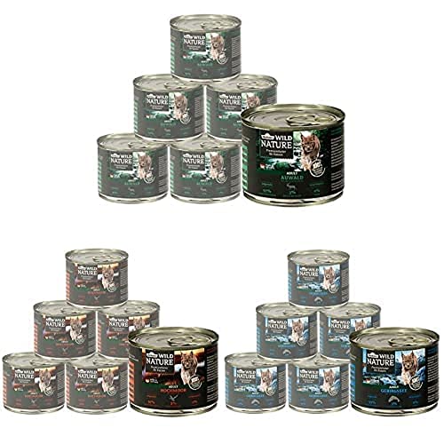 Bundle aus Dehner Wild Nature Katzenfutter Auwald Hirsch Truthahn 6 x 200 g Dehner Wild Nature Hochmoor Ente Pute 6 x 200 g Dehner Wild Nature Gebirgssee Lachs Forelle 6 x 200 g