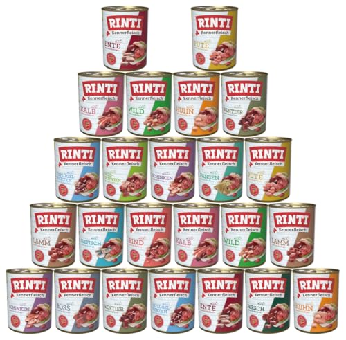 RINTI Kennerfleisch 24x 800g Mixpaket 12 garantierte Sorten getreidefreies 70% Fleisch Innereien Soja Hundefutter
