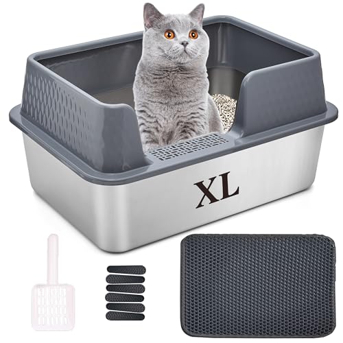 Suhaco Edelstahl Katzenklo mit Deckel Matte und Schaufel für katzentoilette Hohe Seiten XL Leicht Zu Reinigen Große Streukasten L Grau