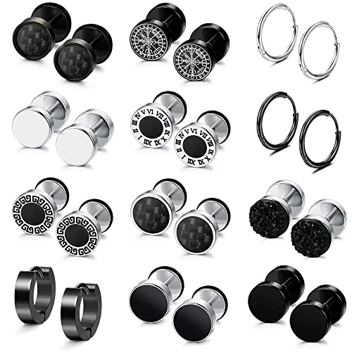 JeweBella 12Paar Ohrstecker Herren Edelstahl Vikings Rune Schwarze Piercings Ohrstecker Set Ohrringe Creolen Punk Klassische Hypoallergen Tunnel Piercing Knorpel Ohrringe für Damen Männer