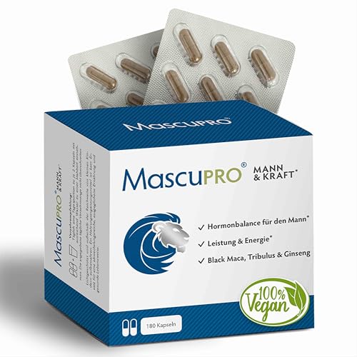 MascuPRO Mann Kraft - Vorteilsbox 20 1 Black Maca Tribulus Terrestris Bockshornklee Cordyceps Zink Aminosäuren 180 Kapseln für Energie Leistung Hormonbalance