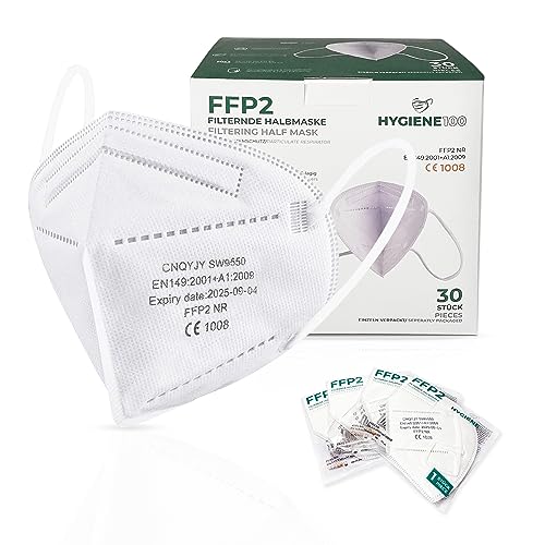 Hygiene100 30x FFP2 -Masken CE -zertifizierte Atemmasken 5 Schichten Partikelfiltermaske Hygienisch einzelner gepackter Gesichtsschutzmaske