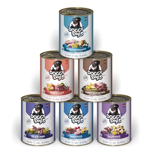 DOGGY Dog Pat Mix 1 6 x 800 g Nassfutter für Hunde im Probierpaket getreidefreies Hundefutter mit Lachsöl und Grünlippmuschel Alleinfuttermittel mit hohem Fleischanteil Made in Germany