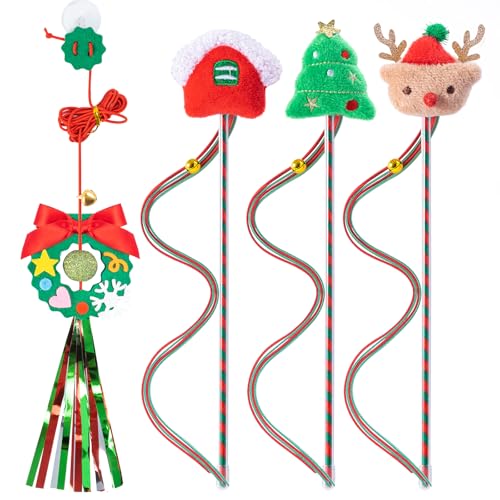 LongForU 4 Stück Weihnachten Set   Interaktives Katzenangel Katzenspielzeug Stab Katzenspielzeug Selbstbeschäftigung Hängende Türrahmen Ball für Katzenbeschäftigung