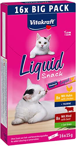 Vitakraft Liquid Snack für Katzen Katzen Leckerli im Multipack cremige Textur mit herzhaftem Rind und bekömmlichem Huhn 1 Packung 16 x 15g