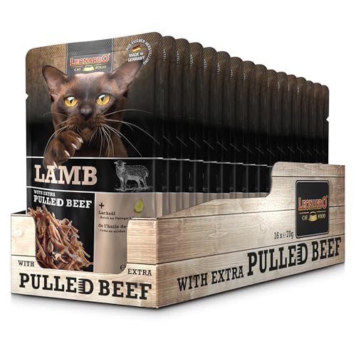 LEONARDO Frischebeutel 16x70g Lamb mit Fleischstreifen Pulled Beef Getreidefreies für Alleinfuttermittel Katzenfutter
