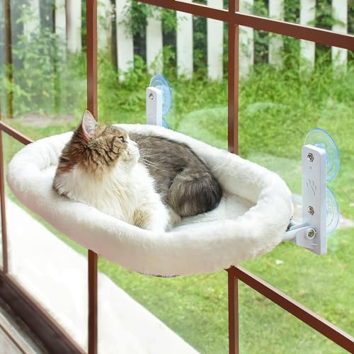 Katzen Hängematte Fensterplätze für Katzen 60x30cm Klappbar Katzenbett Fenster mit Stabil Saugnäpfe bis zu 18kg Grey Weiß 30x60cm