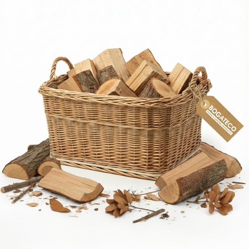 BOGATECO Kaminholzkorb Weide Rechteckig 53x43 cm Stabiler Brennholzkorb mit Sperrholzboden und Jute-Einlage Handgeflochtener Holzkorb aus Weide Naturprodukt für Kaminholz Aufbewahrung
