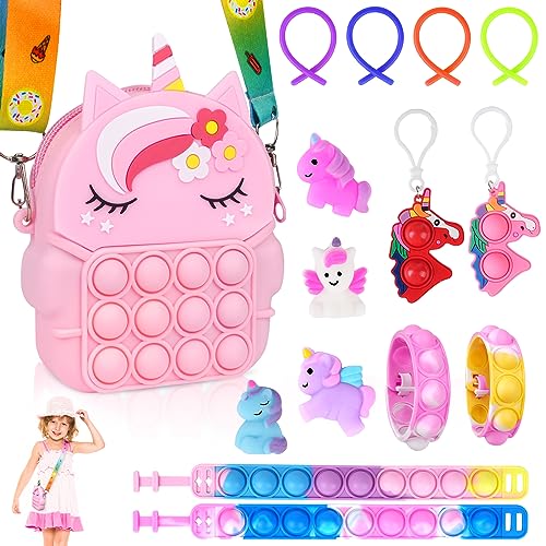 Ainiv 15PCS Fidget Toys Set Pop Push It Tasche Handtasche 2 in 1 Fidget Toys Taschen Umhängetasche Mini Silikon Schlüsselbund Toys Poppet Bubble Finger Toys Autismus for ADHS Squeeze Toys Rosa