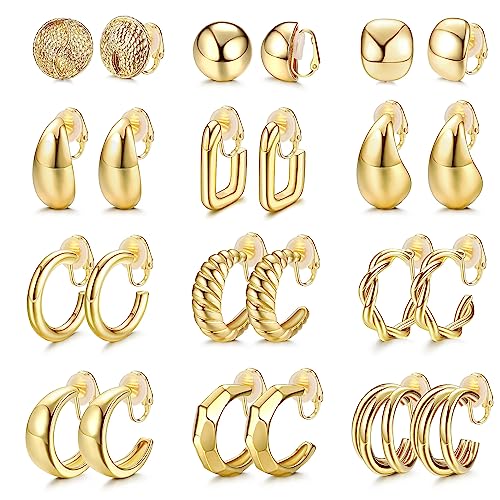 Morfetto 12 Paar Clip auf Creolen für Damen Gold Clip auf Ohrringen Twist Runde Klobige Creolen Clip Ohrringe Kein Piercing Gefälschte Ohrringe Gold