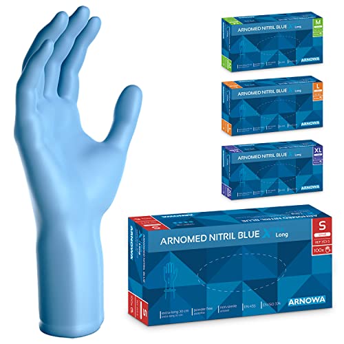 ARNOMED Einweghandschuhe Blau Extra Lang 30cm Lange Einmalhandschuhe in S Nitrilhandschuhe Einweg Extra Dick 100 Stk Box Gummihandschuhe Lang Einweg Nitrilhandschuhe Langer Schaft in S M L XL