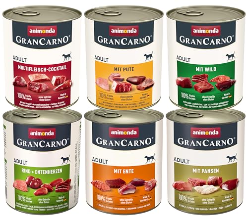 animonda GranCarno Hunde Nassfutter Kräftige Variation II 6 x 800 g getreidefreies Hundenassfutter ohne Zucker für ausgewachsene Hunde mit frischen fleischigen Zutaten