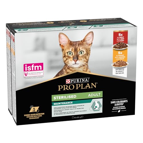 Purina Pro Plan Nassfutter für Katzen sterilisiert reich an Huhn und Ochse 4 Packungen 10 Beutel 85 g