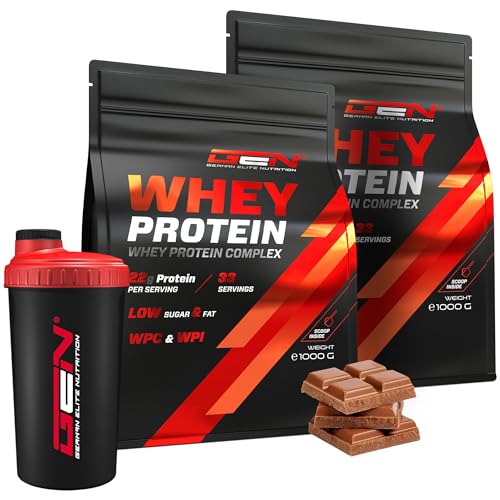 2 kg Whey Protein Komplex Premium Shaker - Mit Isolate Anteil - Instant lösliches Eiweiss Protein Pulver mit BCAA EAA - German Elite Nutrition - 2 x 1000 g Chocolate