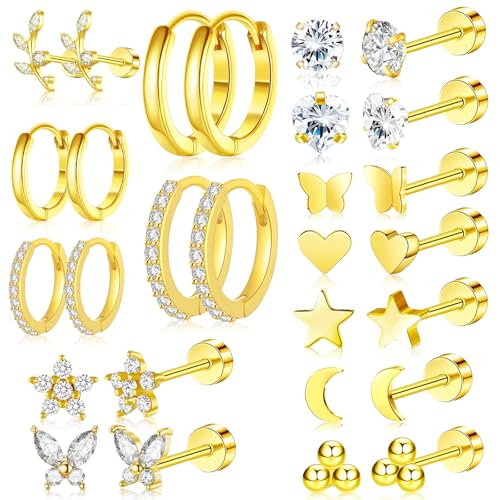 14 Paar Gold Ohrringe für Damen Mode Hypoallergen Medizinische Ohrstecker Schmetterlings Blume Zirkonia Steine Creolen Ohrringe Chirurgenstahl für Damen Mehrfache Piercings
