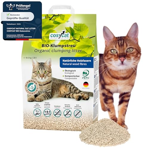 COSYCAT Klumpendes Bio-Katzenstreu aus Holz 100% Natürlich 20 l - in der Toilette entsorgbar Klumpstreu pflanzlich - Holzstreu