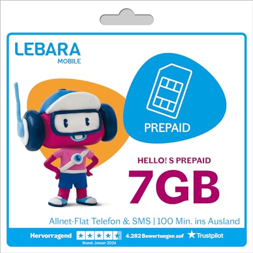 Lebara Prepaid SIM-Karte mit Hello S Prepaid Tarif ohne Vertrag Allnet Flat Telefonie SMS 7 GB Datenvolumen inkl. LTE und 100 Frei-Min. ins Ausland