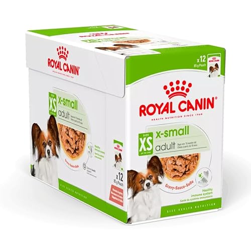 ROYAL CANIN X-Small Adult 12 x 85 g Feuchtnahrung für ausgewachsene und besonders kleine Hunde Ab dem 10. Lebensmonat Mit Häppchen in Soße Im Pouchbeutel