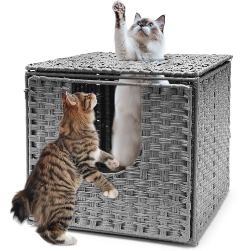 Fernlandia Katzenschrank Katzentoilette Handgewebte Versteckte Katzentoilettenmöbel Katzenhaus mit Tür und separater Trennwand Katzenhöhle 50 x 52 x 45 cm Grau