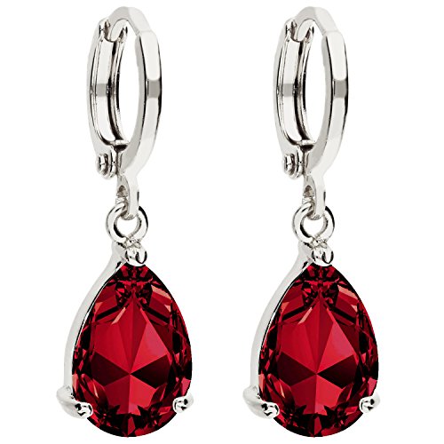 LÖB Damen Creolen mit Zirkonia Stein Tropfen-Anhänger Oval Ohrringe Hängend Ohrhänger Silber Rubin Rot Vergoldet Tropfenform Tropfenohrringe