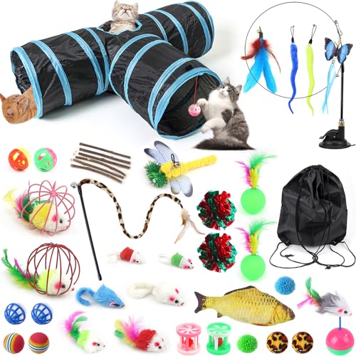 Interaktives Katzenspielzeug Set Faltbarer Katzentunnel Angel Spielzeug 3 Wege Spieltunnel für Katze Kaninchen 39 STK katzenangel Saugnapf Katzen Rund Tunnel Cat Toys Zubehör Katzenbeschäftigung