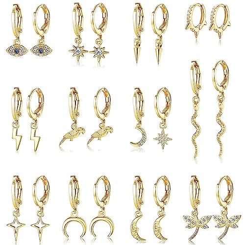 KALVICA 12 Paar Gold Creolen Ohrringe für Damen Mädchen 14 Karat Vergoldete Ohrringe Hängend Gold Creolen mit Zirkonia Gold Ohrringe Perlen Hängende Ohrringe Creolen Set
