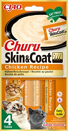 INABA Churu Skin Coat - Katzenleckerli mit Huhn - Omega 3 6 und Taurin - Felinen-Snacks Cremige Textur - Katzenfutter Haut Fell - 4 Tuben x 14g